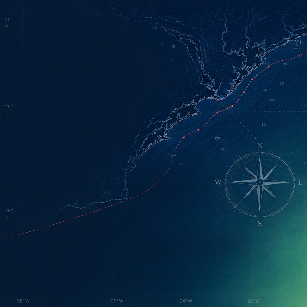Stylized dark navy topographical map of the Gulf Coast with a compass rose and faint coordinate grid.
