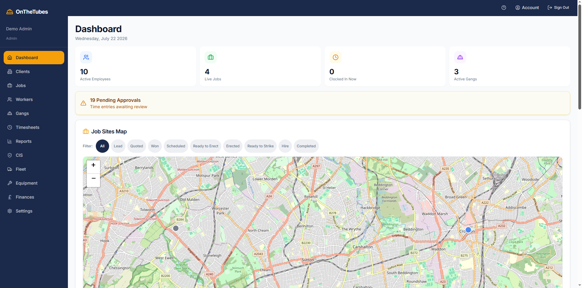 Live dashboard with job site map