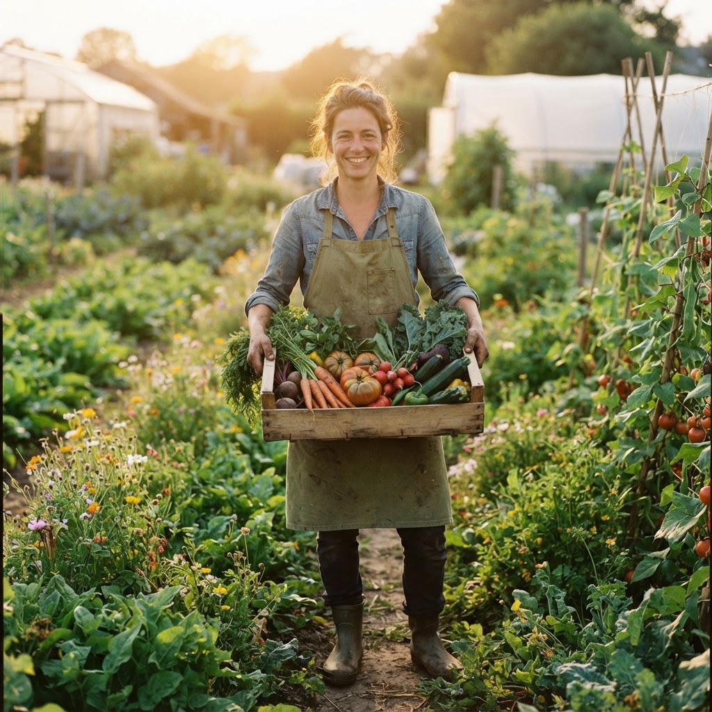Maraîchère Biocultura avec un panier de légumes bio