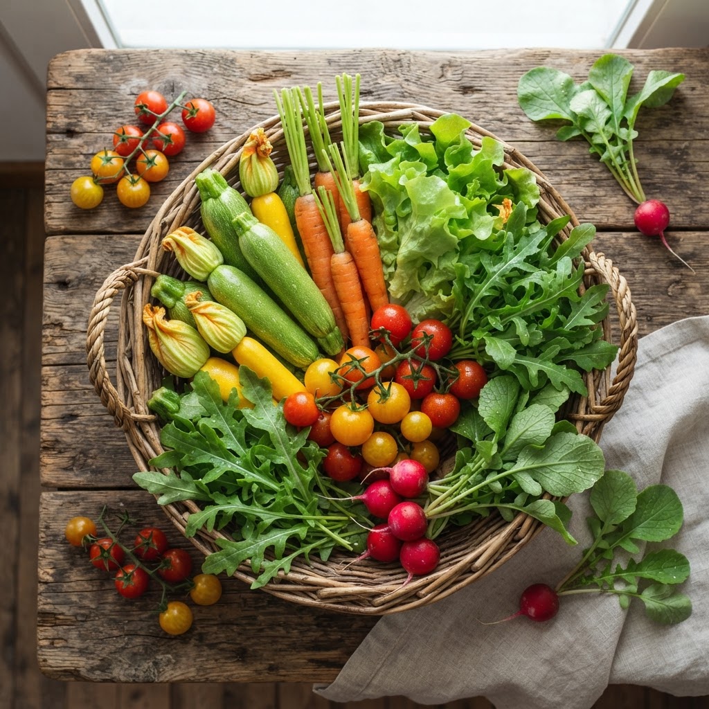 Panier de légumes jeunes et frais