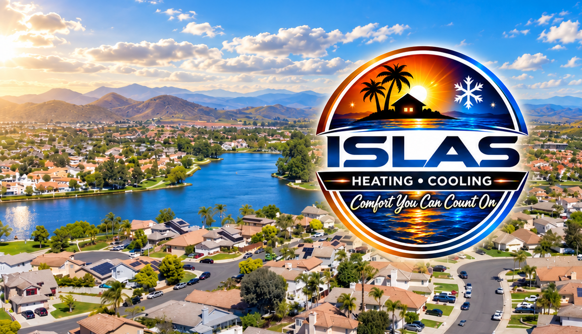 Neighborhood and lake panorama with the Islas Heating & Cooling logo