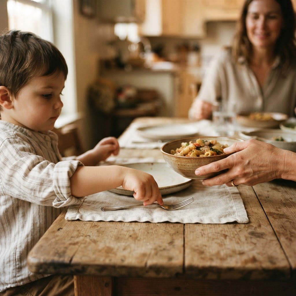 A child's hands setting a place at the table, a parent passing a bowl