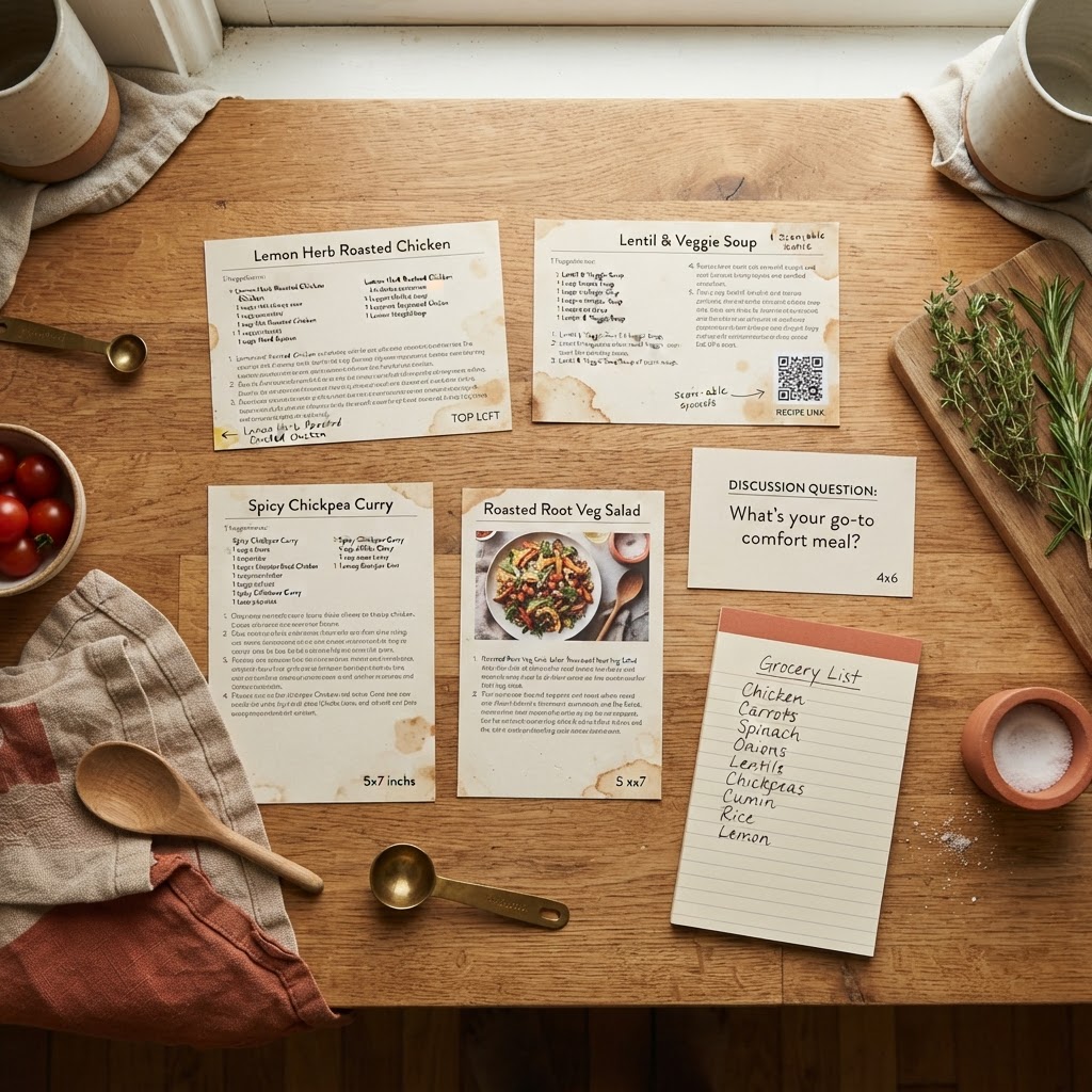 Four printed recipe cards, a grocery list, a conversation-question card, and a QR code on a warm kitchen counter