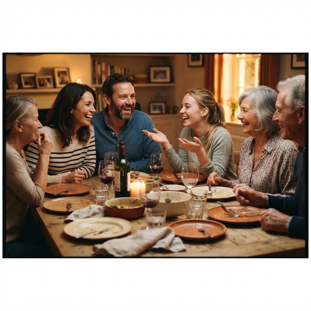 A family lingering at the table after the meal, talking and laughing