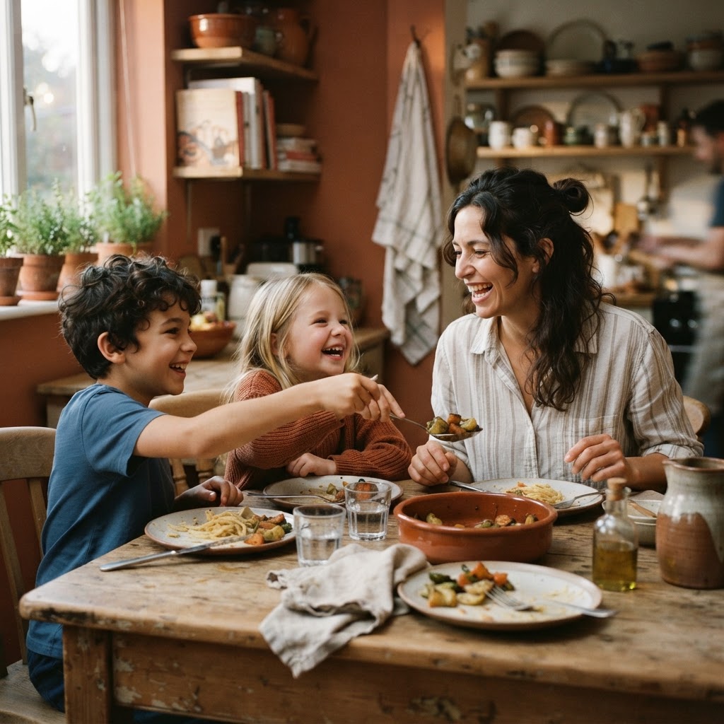 A mother and her children laughing together at a warm kitchen table