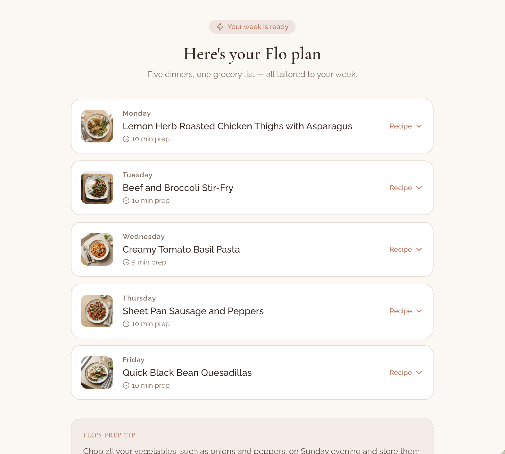 FLO weekly meal plan inside the app