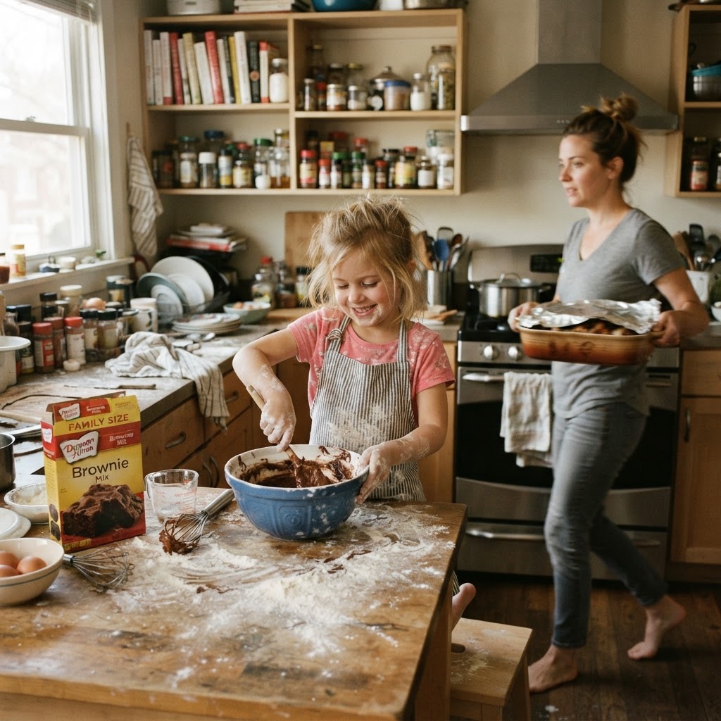 An unpolished real-family cooking moment, kids helping in a messy kitchen