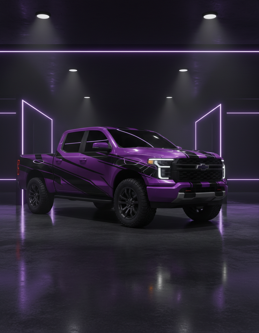 Purple wrapped pickup truck in a dark showroom