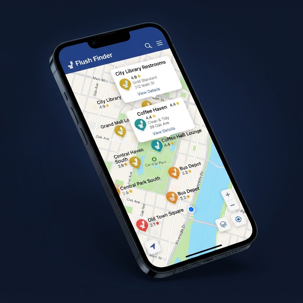 Flush Finder map showing nearby bathrooms with color-coded ratings