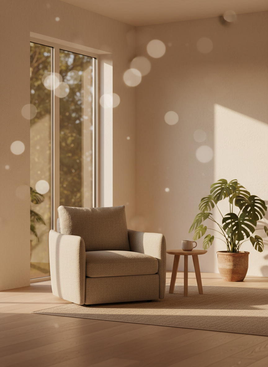 Serene therapy room bathed in warm golden hour light