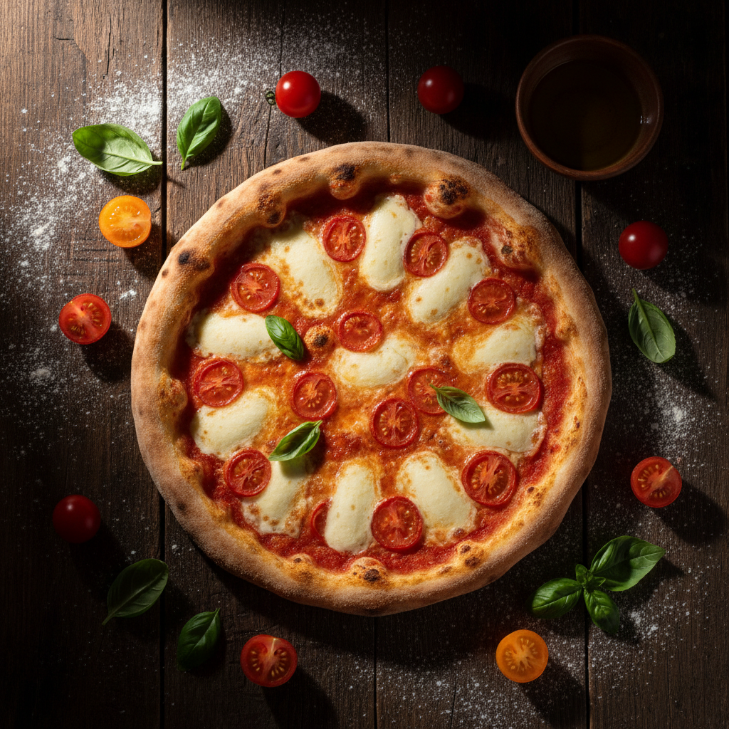 Overhead view of a specialty pizza on rustic dark wood