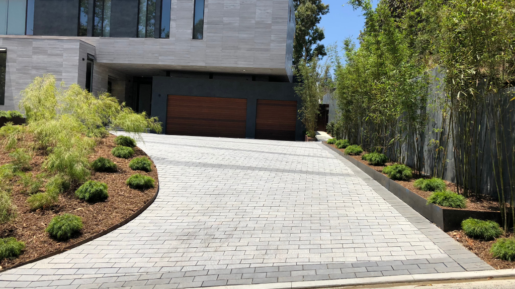 Curved paver driveway with bamboo screening and sculpted ground planting.