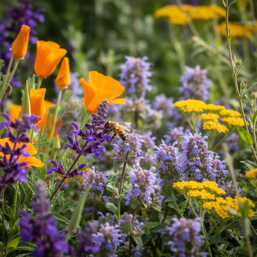 Native California pollinator garden with drought-tolerant plants — sustainable landscape design by Natural Art, Los Angeles