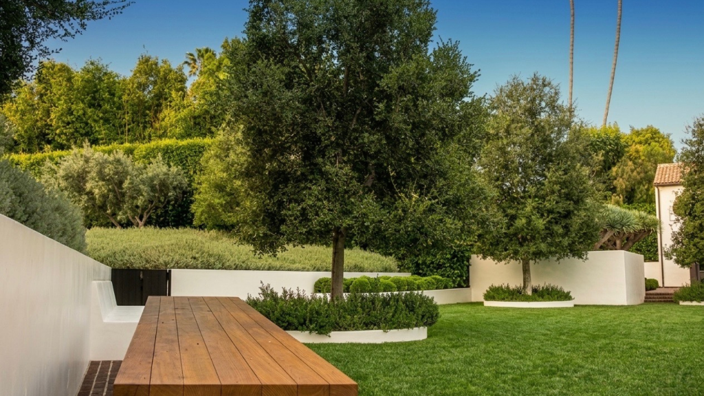 Rear garden with specimen oak, circular planters, and integrated timber deck.