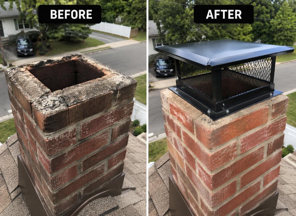 Chimney crown weathering and cap installation before and after New Jersey