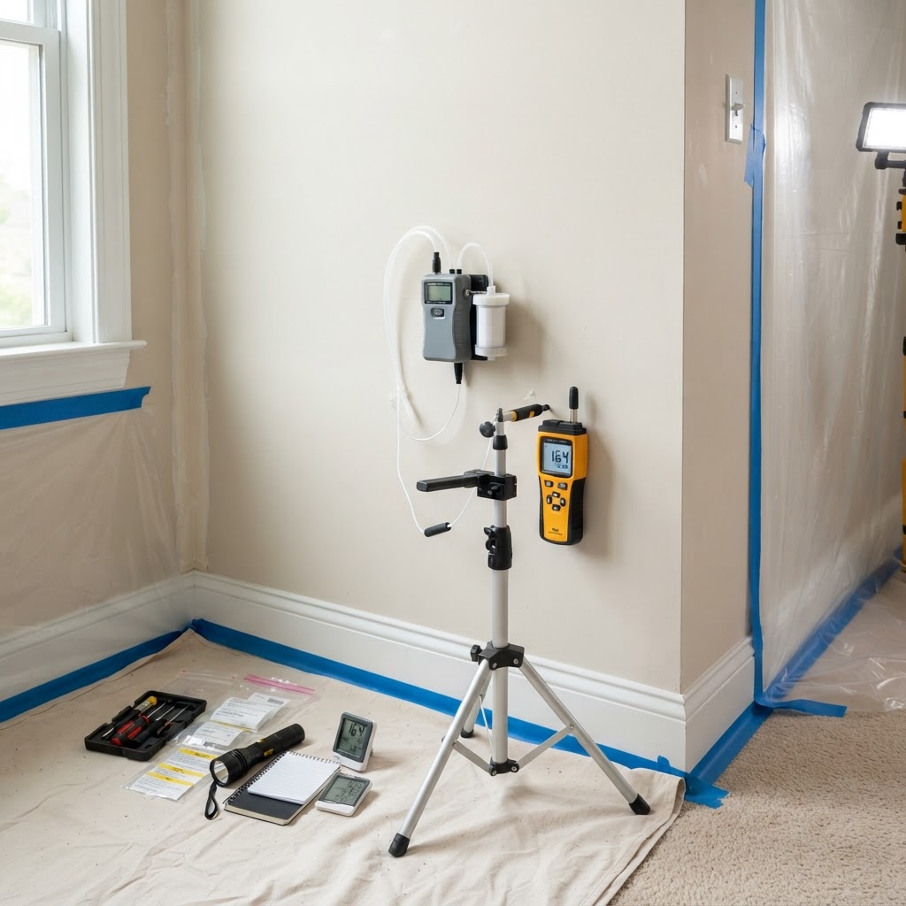 Professional mold inspection equipment and moisture meter on a clean wall surface