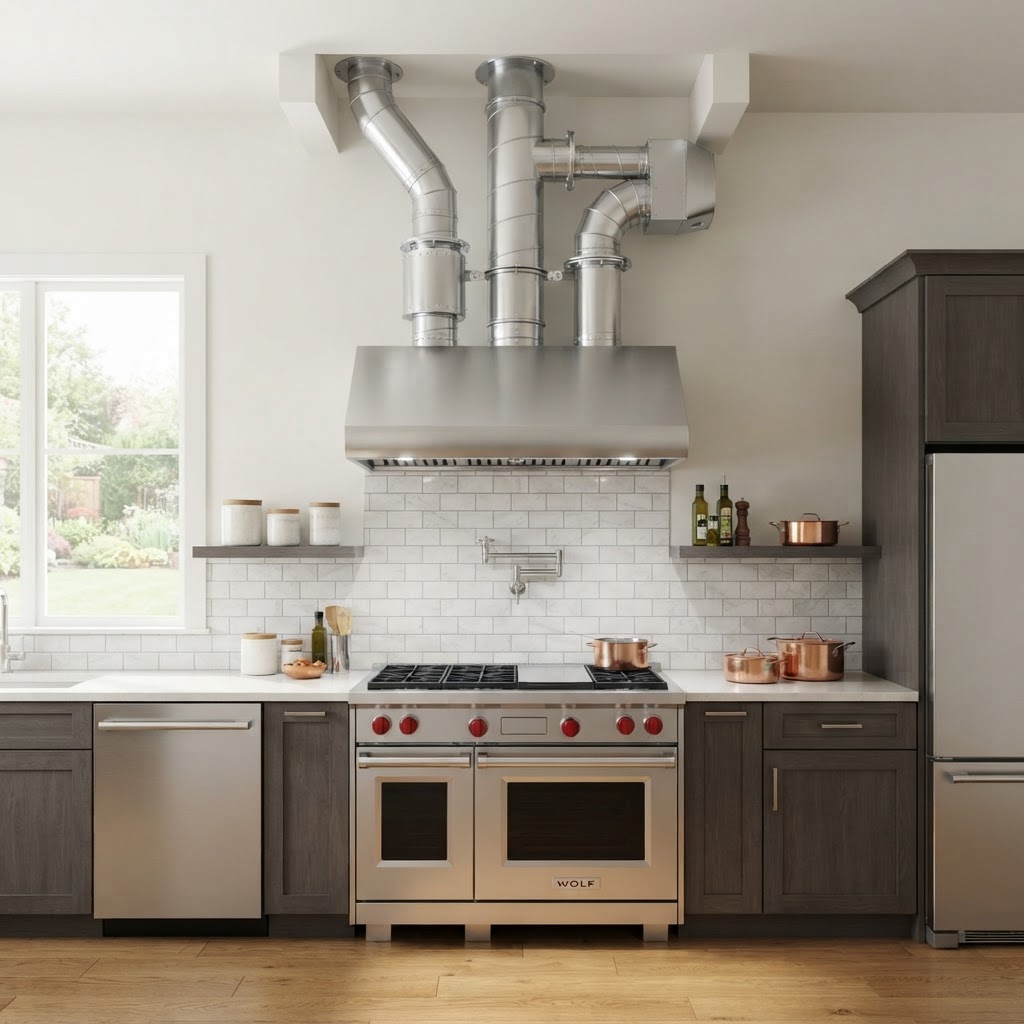 Stainless steel ventilation ducts and exhaust hood in a modern kitchen