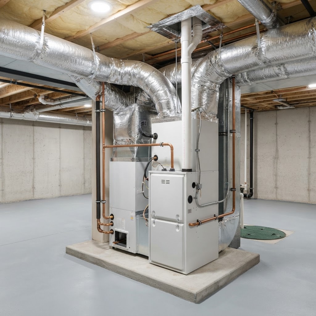 Clean residential HVAC furnace and air handler with copper lines and ductwork