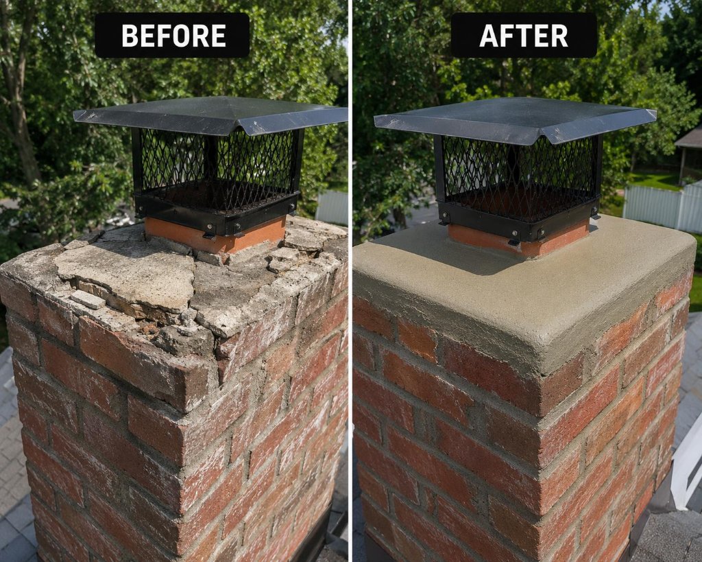 Cracked chimney crown resurfaced before and after New Jersey