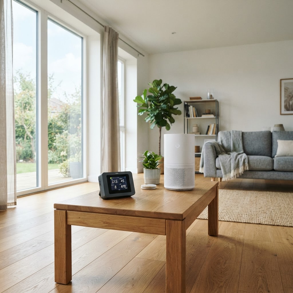 Air quality monitor and HEPA air purifier in a clean, bright living room