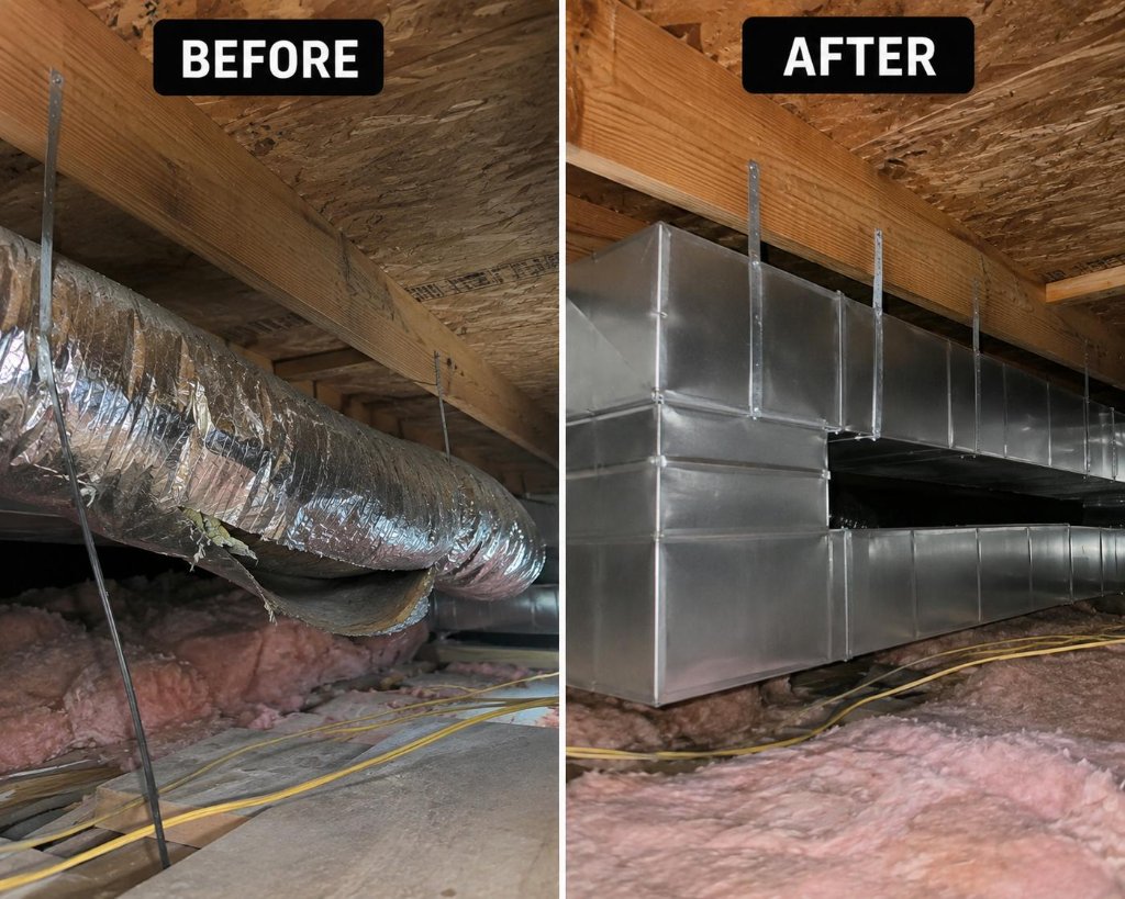 HVAC ductwork before and after repair in attic New Jersey