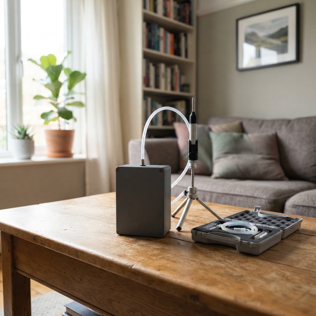 Indoor air quality sampling equipment in a residential room