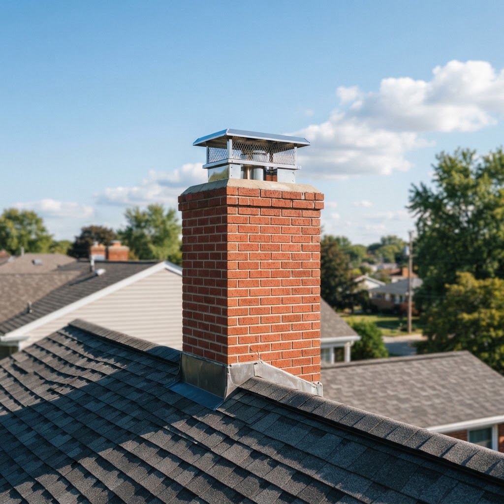 Well-maintained residential brick chimney with stainless steel cap on a rooftop