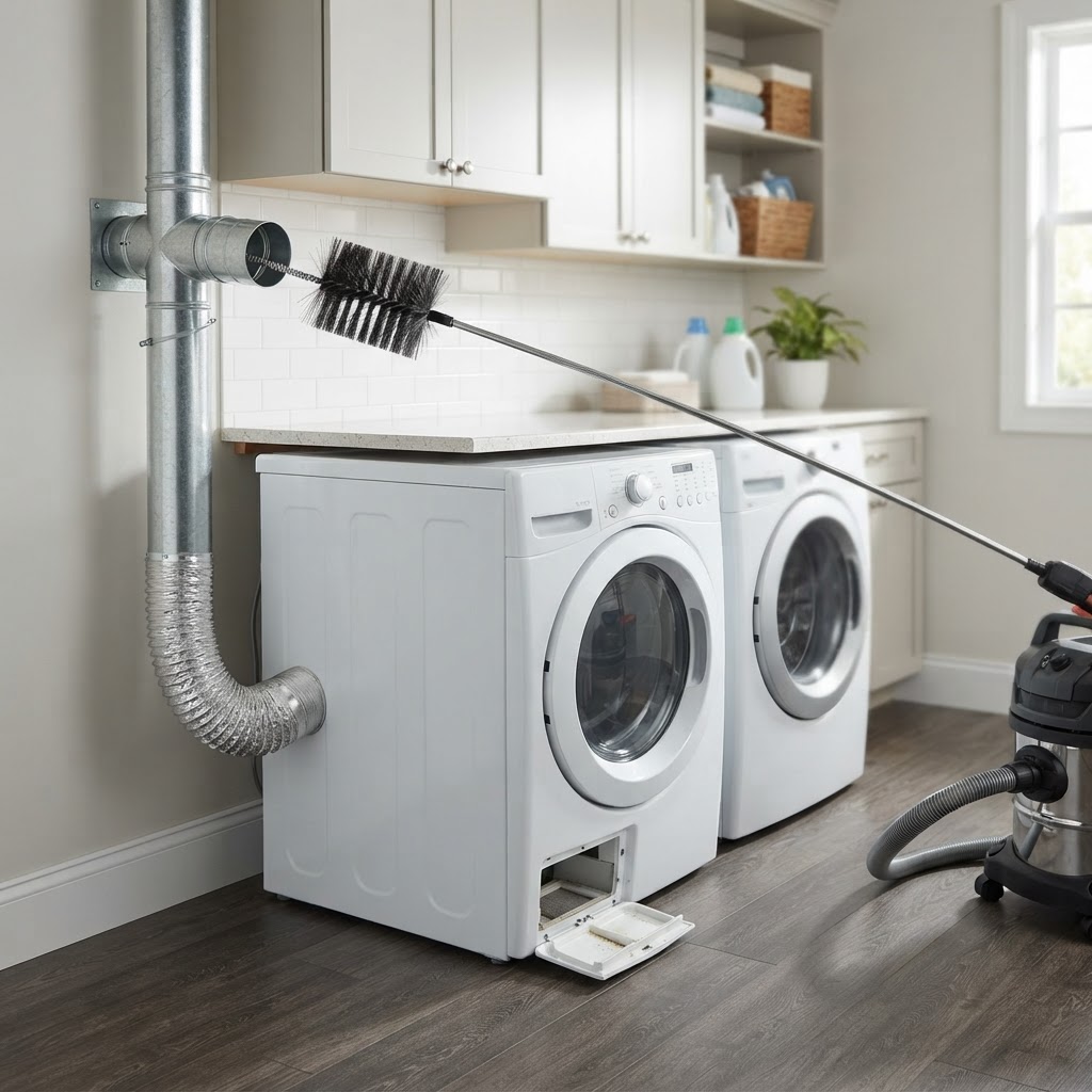 Dryer vent ductwork and specialized cleaning brush in a clean laundry room
