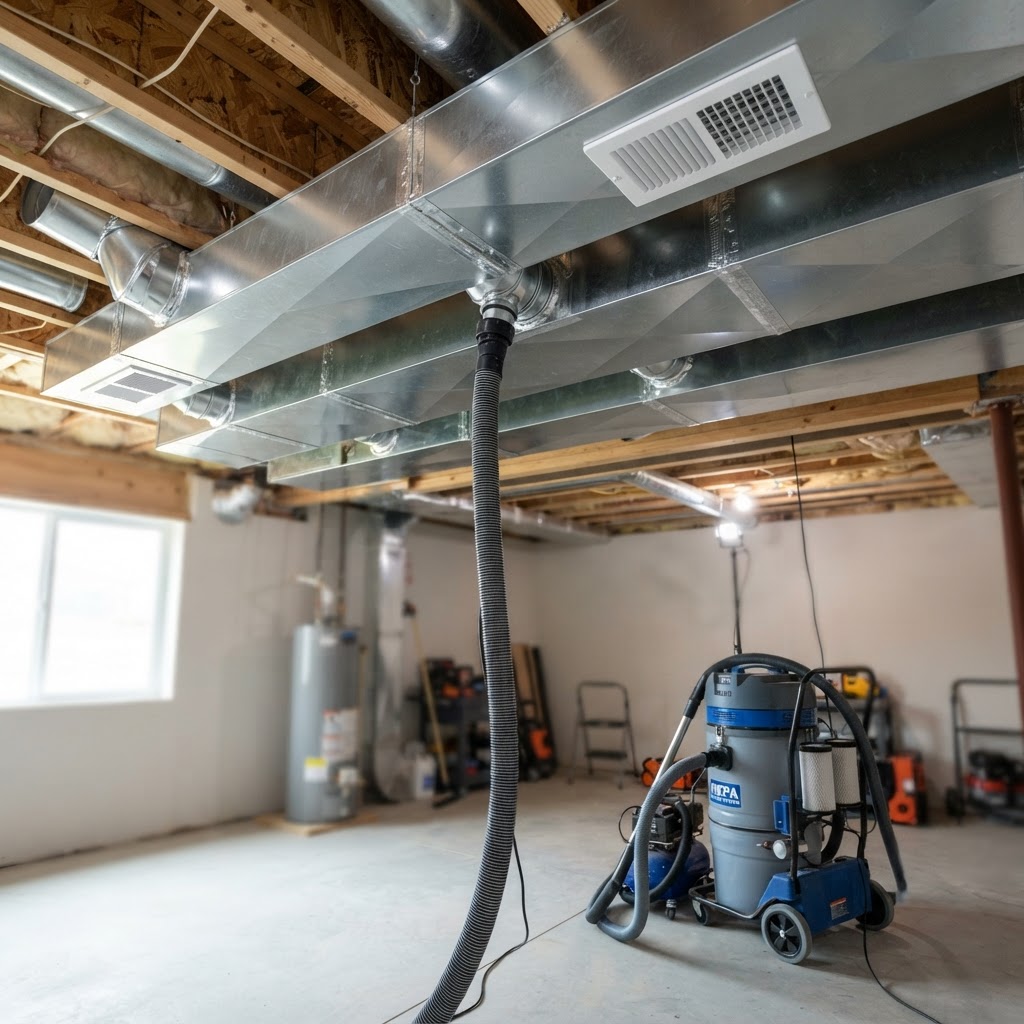 Professional air duct cleaning equipment and clean metal ductwork in a New Jersey home