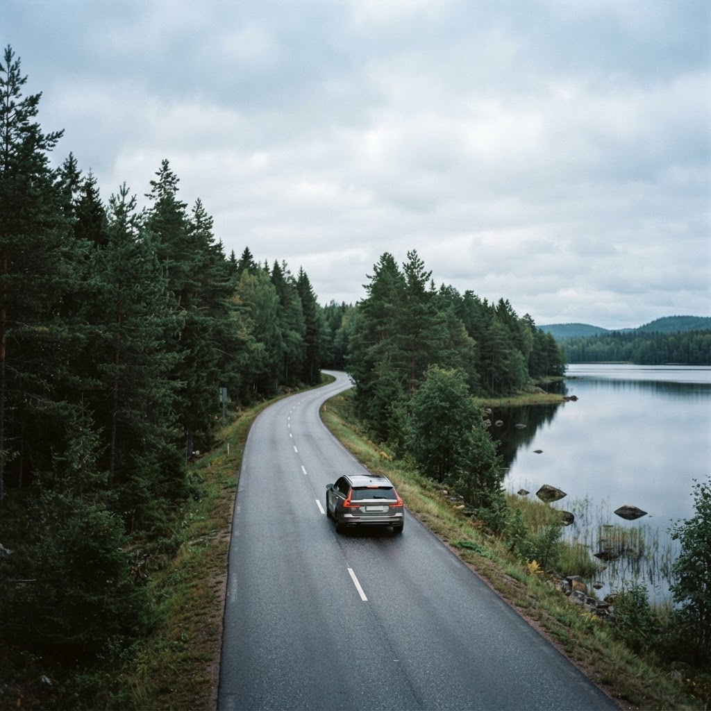 Car driving through a Finnish forest landscape