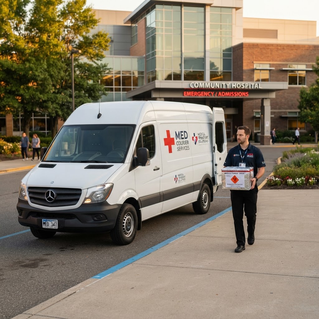 Medical courier delivery van with medical cross sign and worker carrying medical packages