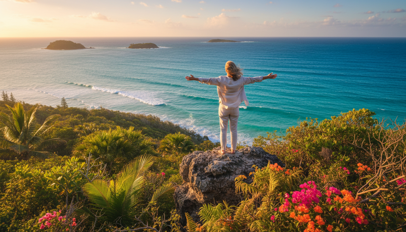 Patient recovered, standing on Queensland cliffside overlooking the ocean