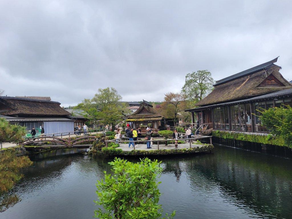Traditional thatched-roof village beside a reflective pond