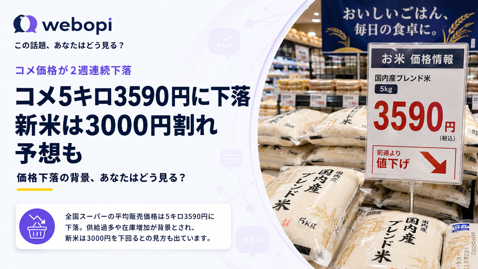 令和5年産米が5kg3590円に下落、来年は3000円割れの可能性も