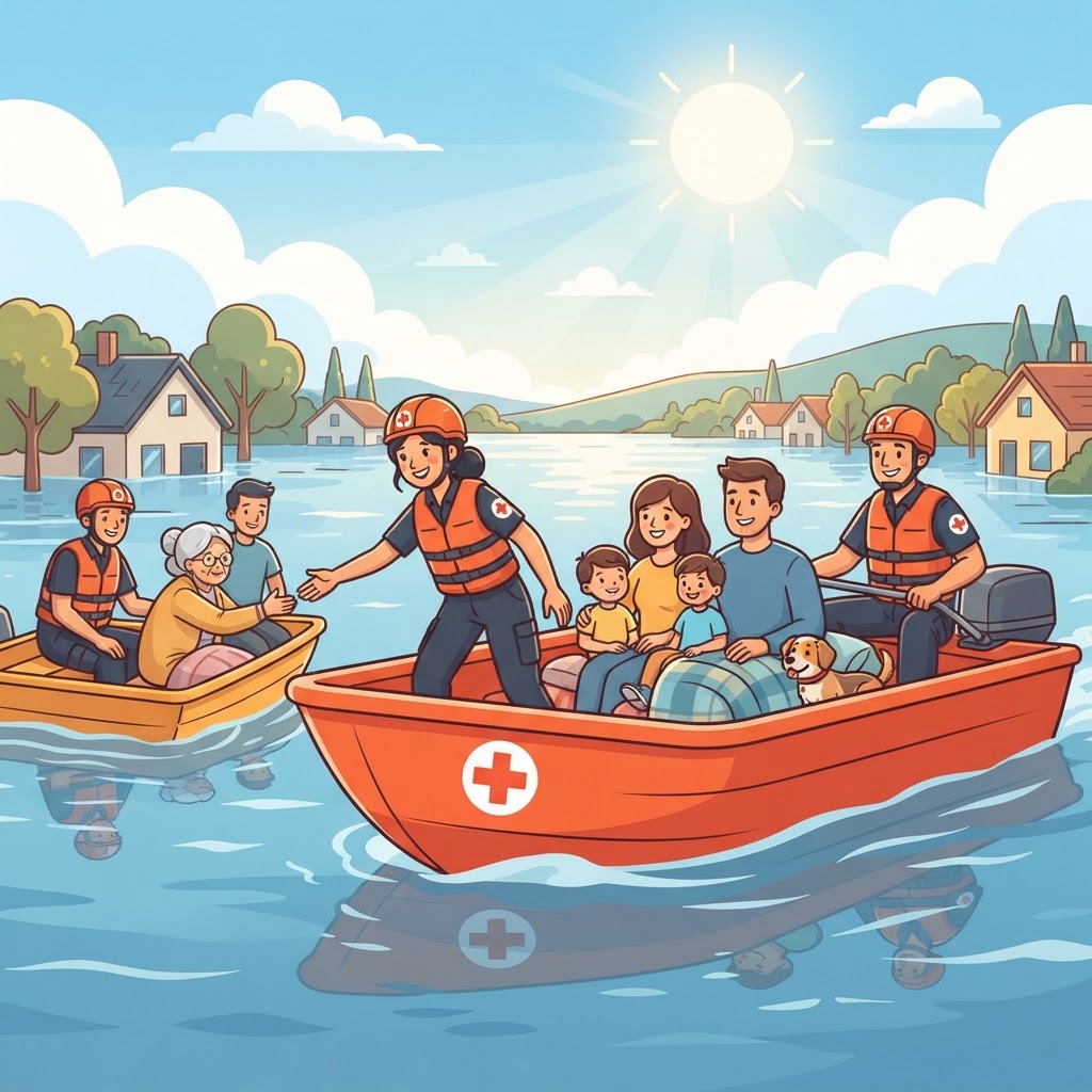 Cartoon of disaster relief volunteers rescuing people during a flood