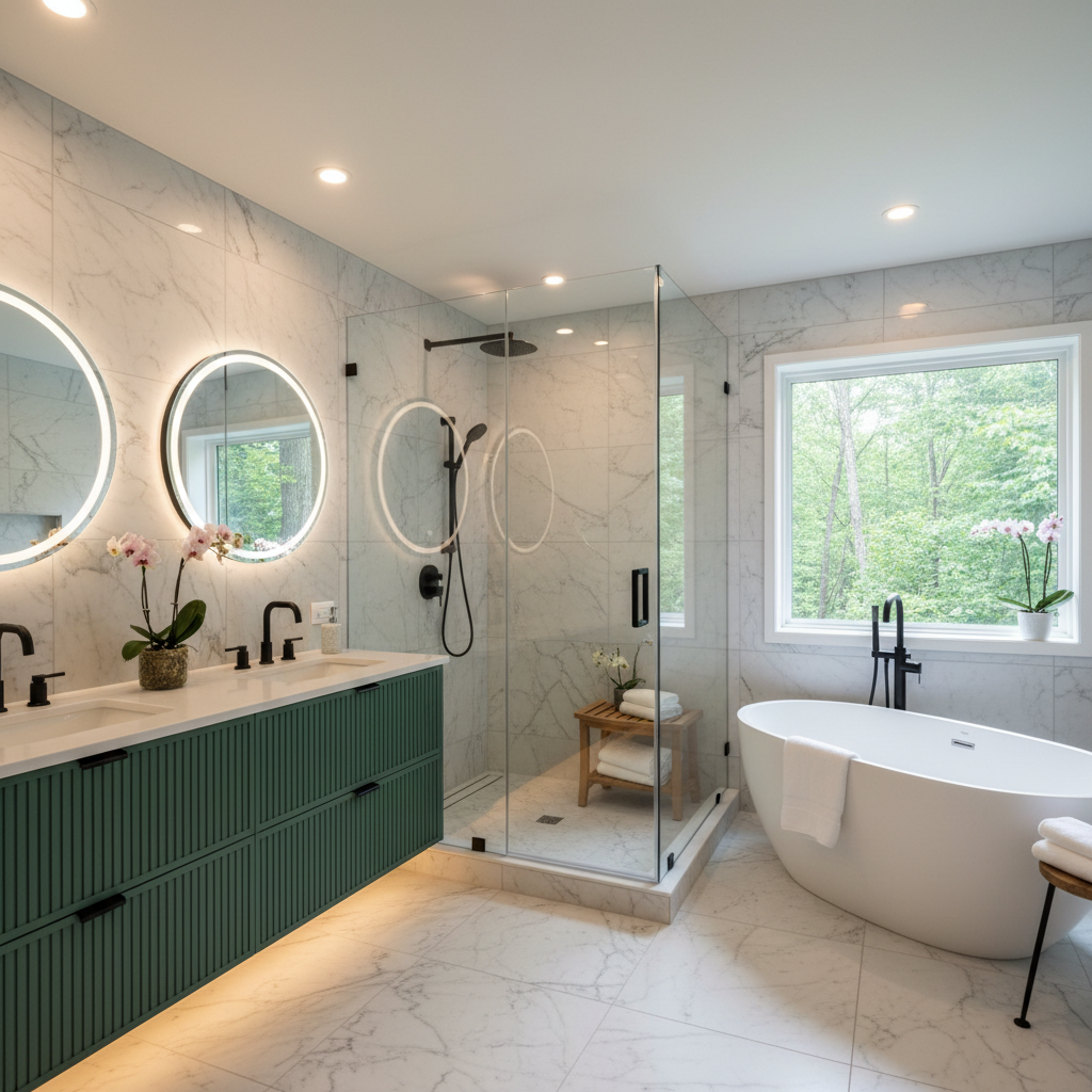 Marble Shower & Green Vanity in Katy, TX — Bathroom remodeling Houston TX