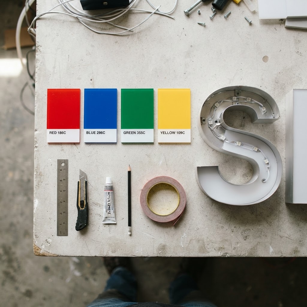 Color swatches used in sign design — red, blue, green, yellow acrylic samples next to a partially built channel letter sign