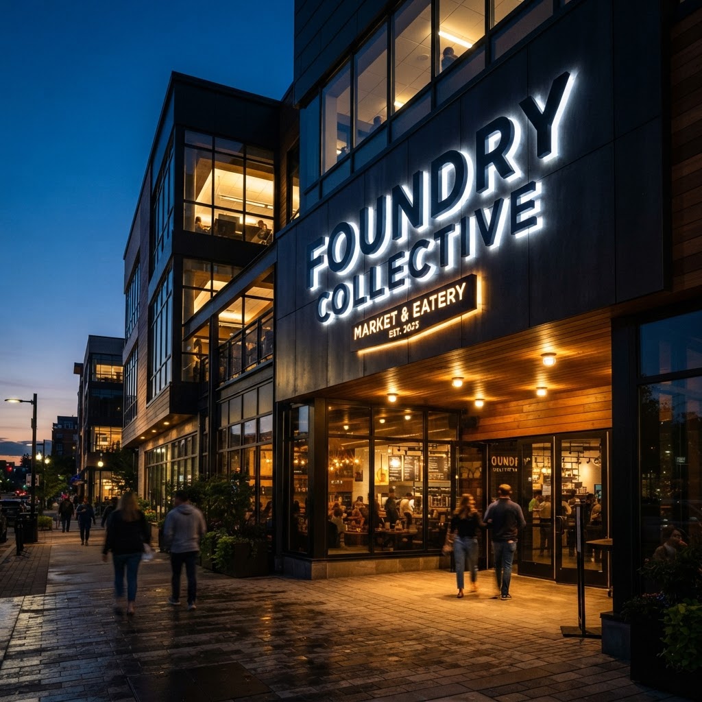 Illuminated dimensional channel letter sign glowing at dusk on a commercial building exterior