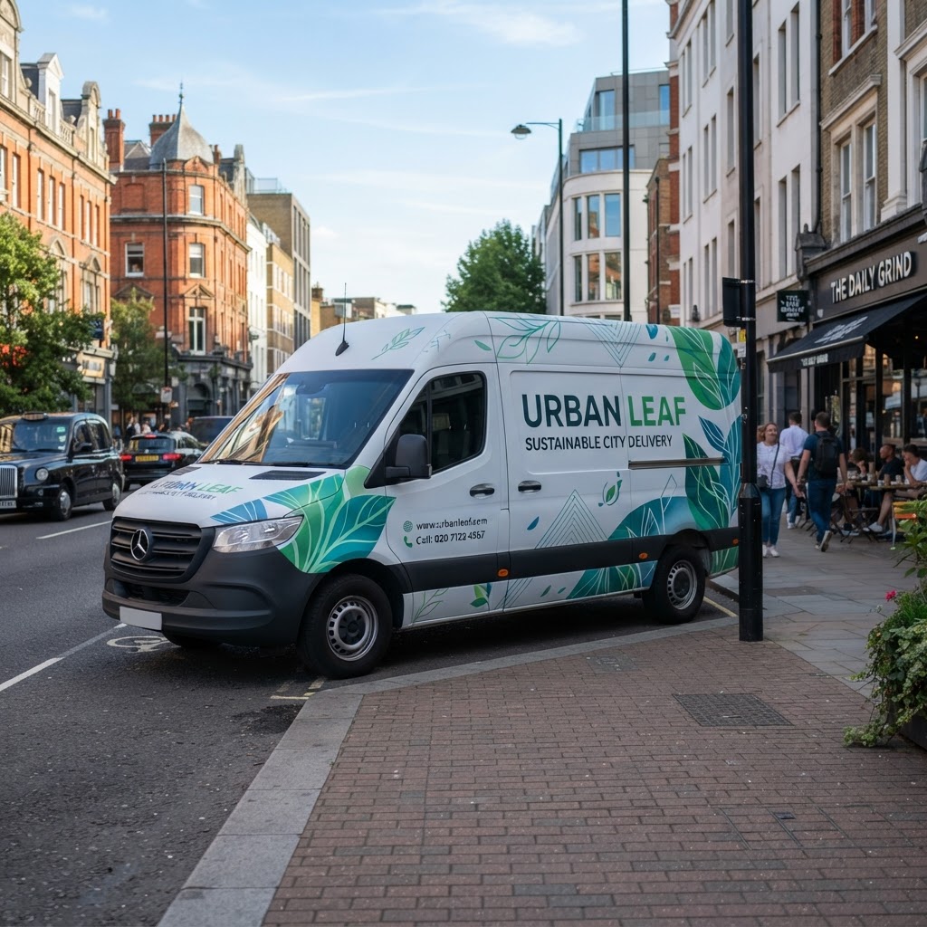 Branded company van with custom vehicle graphics parked on a city street