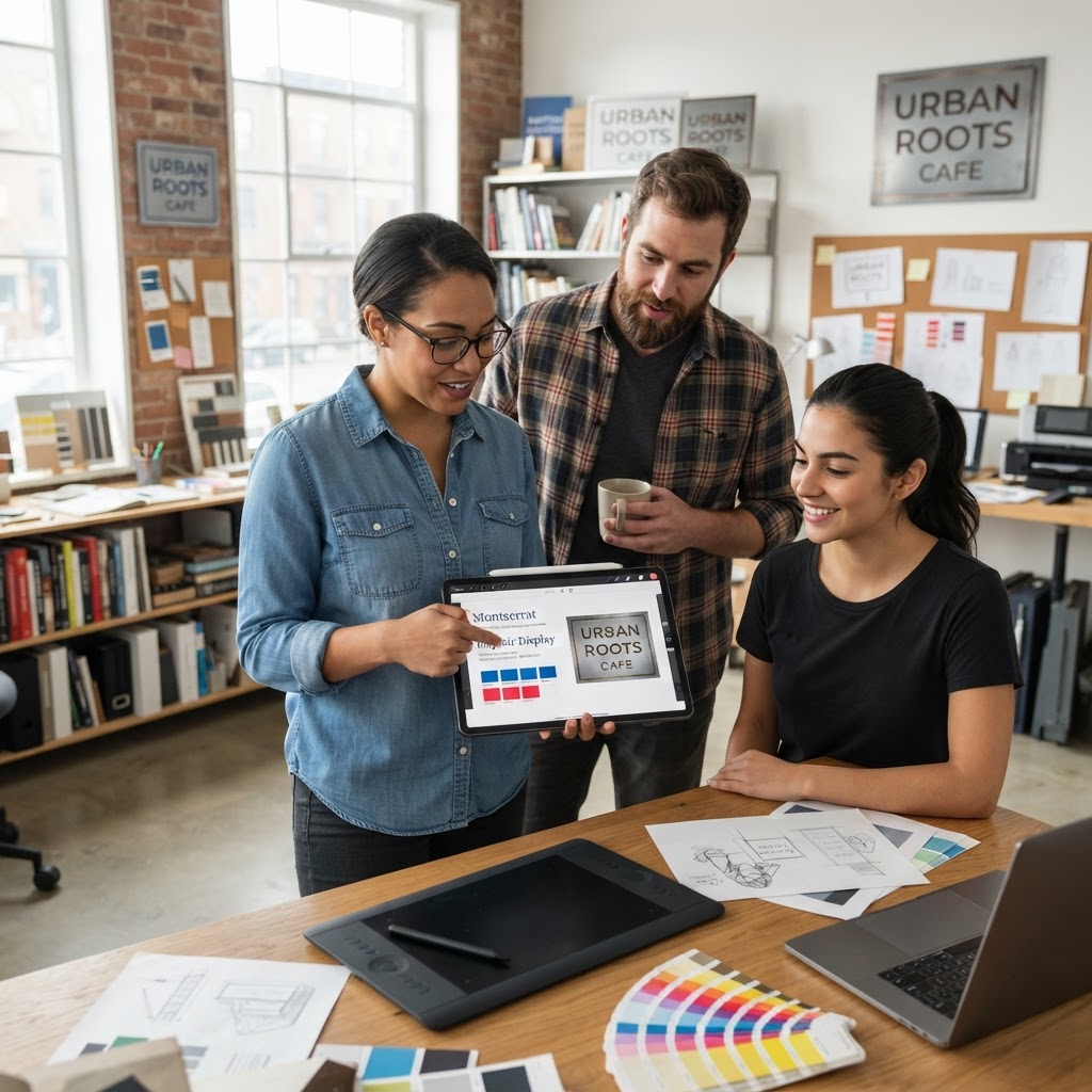 Team of sign designers reviewing color and font mockups on a tablet in a modern design studio