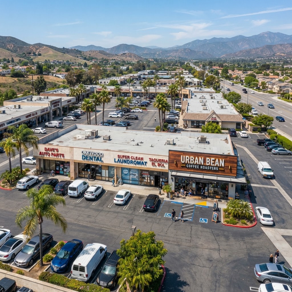 Aerial view of a Southern California business park showing multiple storefronts with varying sign quality