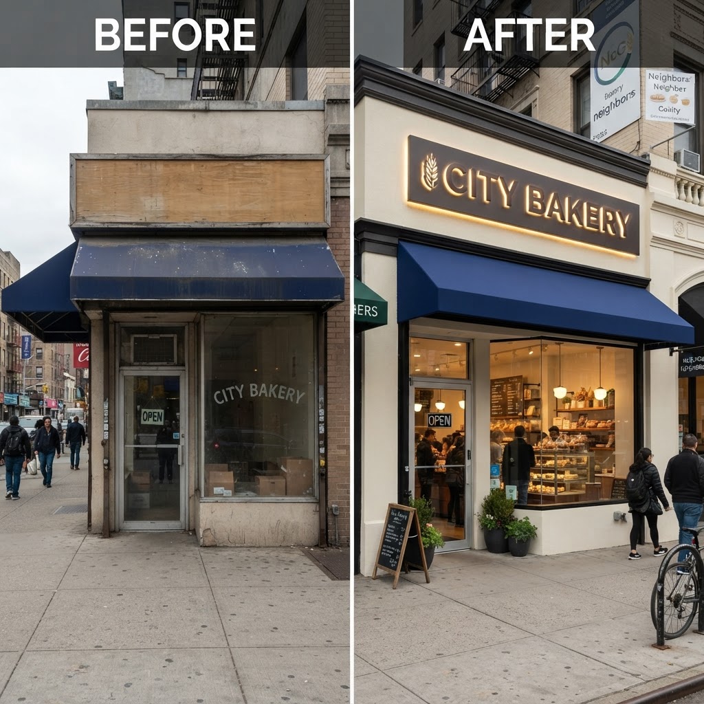 Before and after comparison of a plain storefront vs. one with a professionally designed illuminated sign