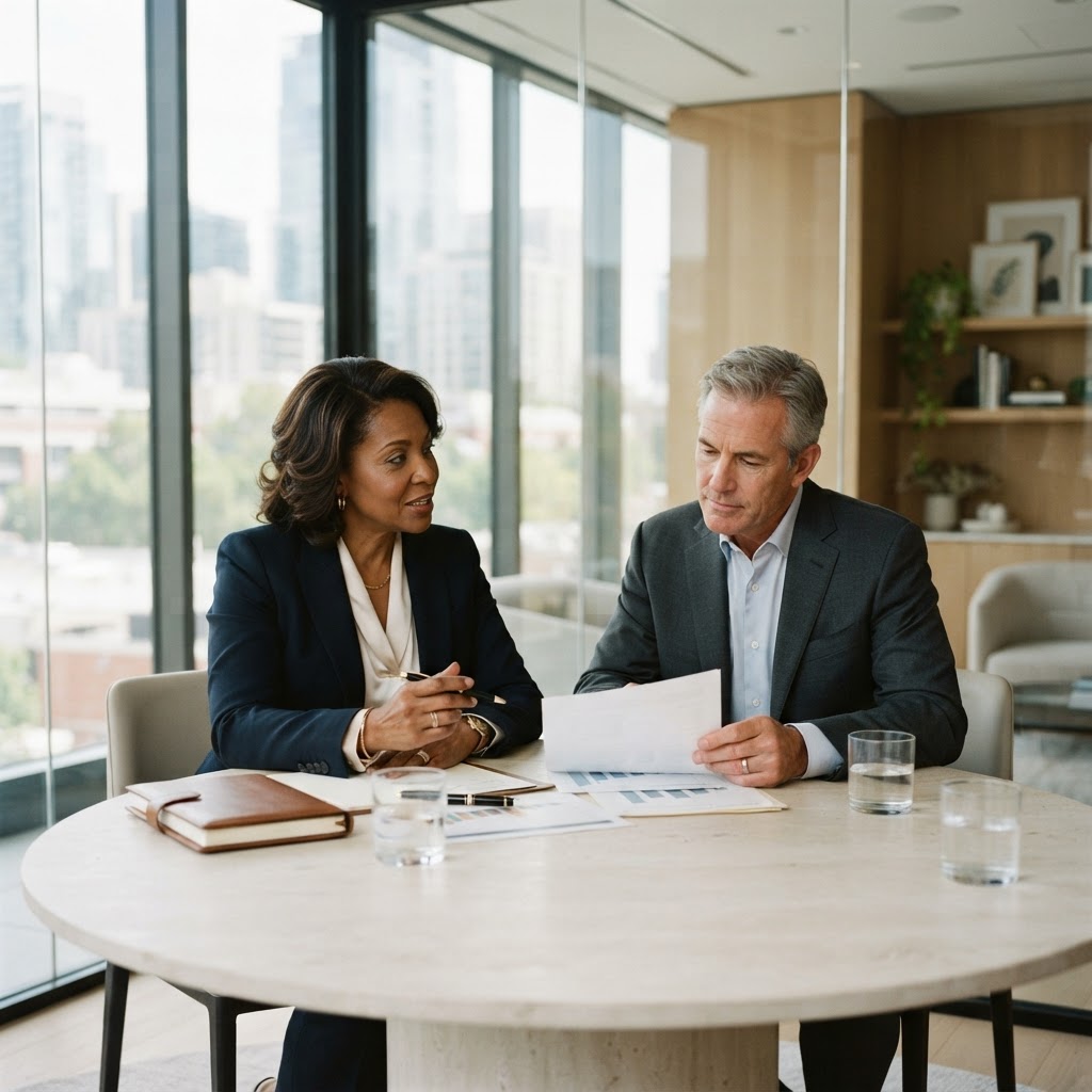 A senior advisor and a business owner reviewing documents in a glass meeting room