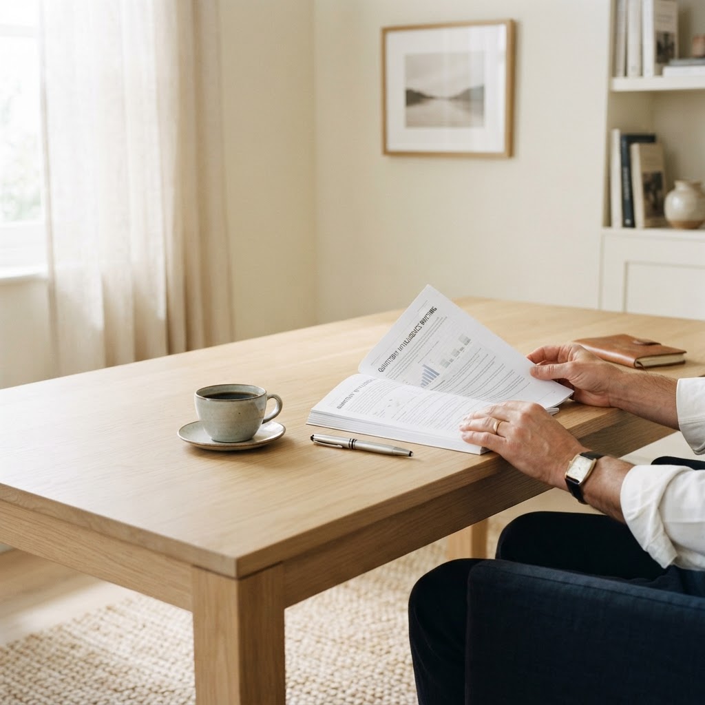 A bright contemporary study where an owner reviews a quarterly intelligence briefing