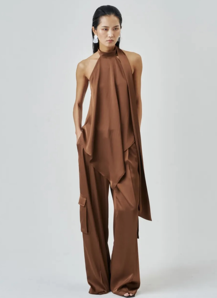 Editorial fashion — brown halter ensemble