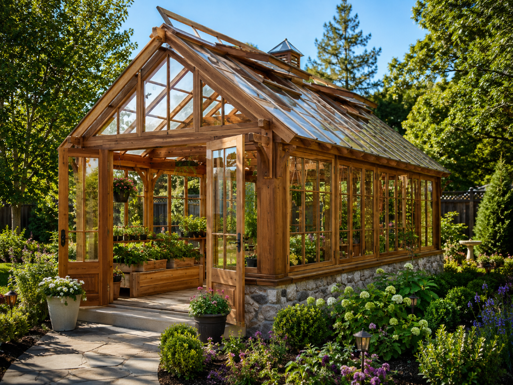 High end wood framed greenhouse with premium garden details