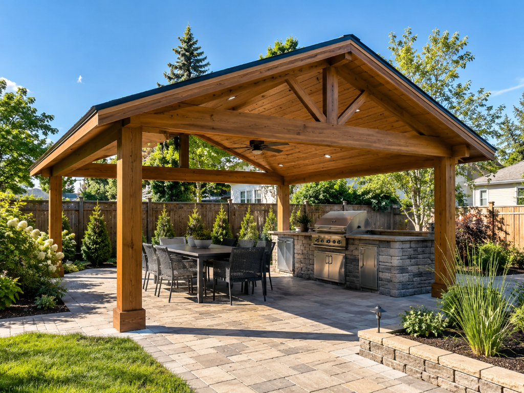 Wood pavilion with outdoor dining and grill area