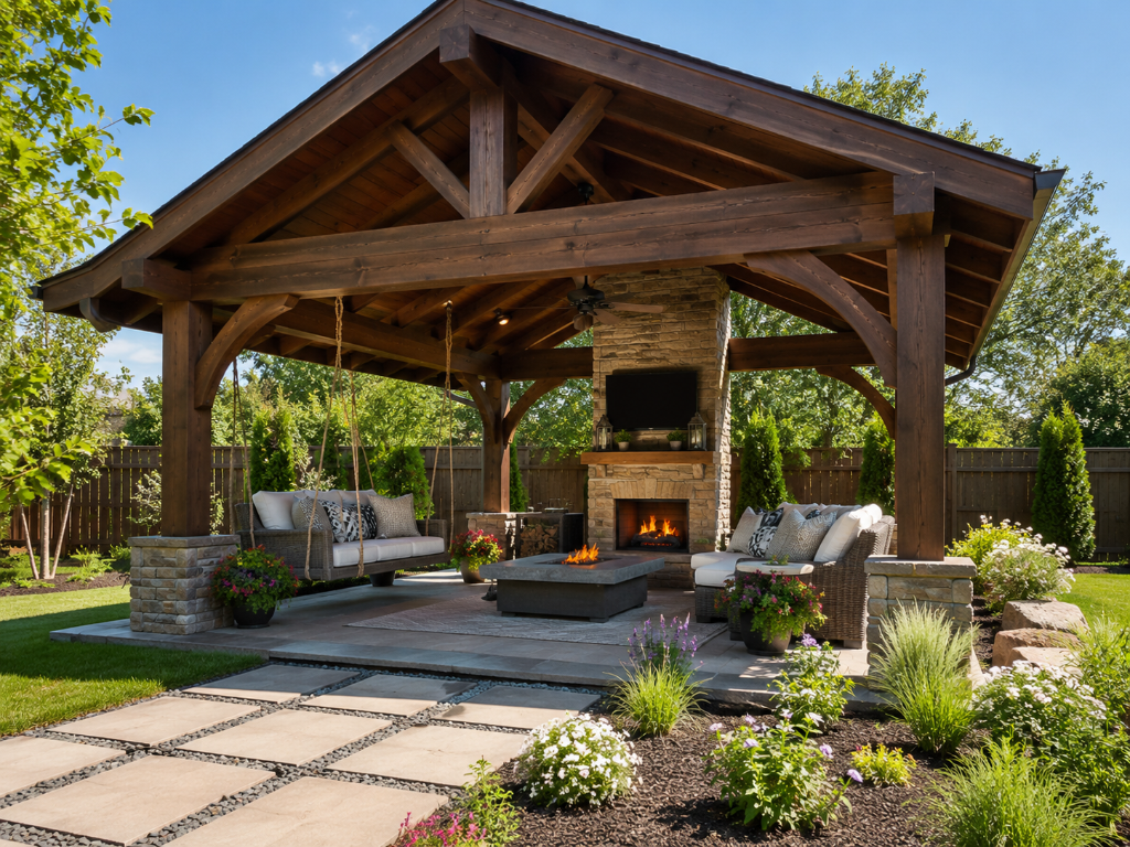 Wood pavilion with seating and fire feature