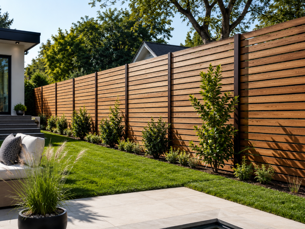 Modern horizontal slat privacy fence