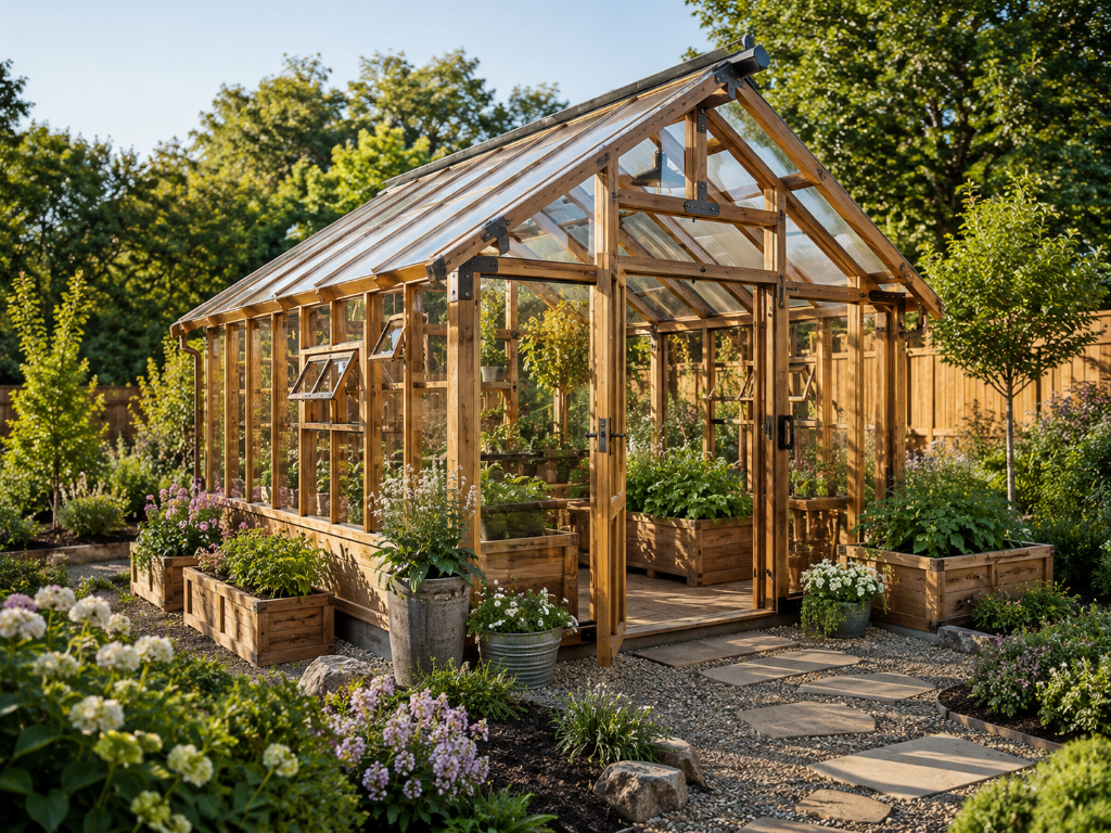 Larger custom wood framed greenhouse with garden beds